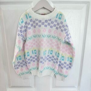 Vintage Little Funky Kids Sweater Pastel Flowers & Houses 2-3T
